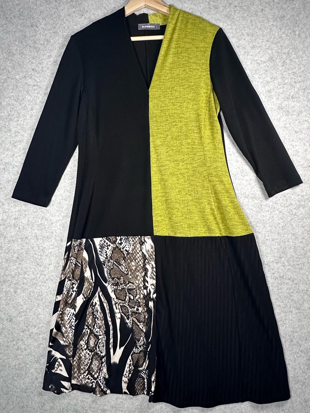 Alembika Unique Colorblock Midi Dress 1 US 6 Artsy Lagenlook Vibrant Black Green
